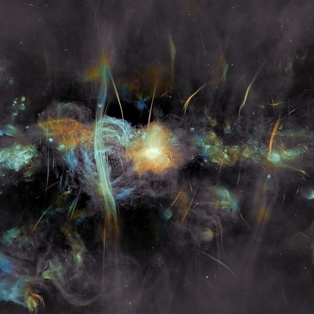 Glowing gas clouds and dust in dark space