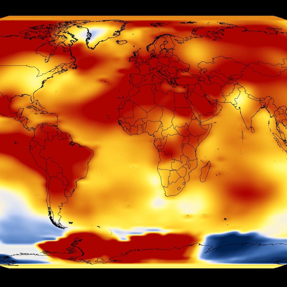 World map showing temperature anomalies with mostly red and yellow areas