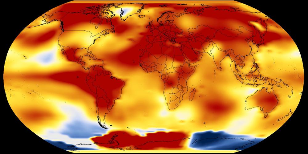 World map showing temperature anomalies with mostly red and yellow areas