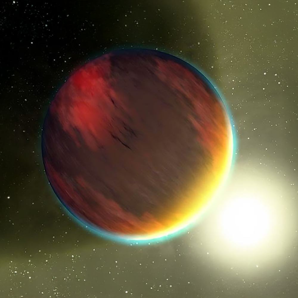 Red-brown planet with blue atmosphere, its host star in the background