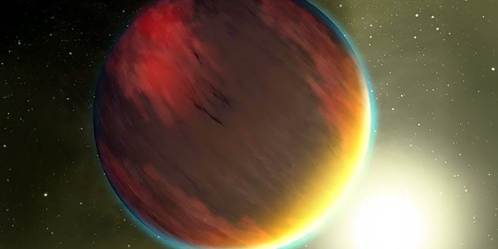 Red-brown planet with blue atmosphere, its host star in the background